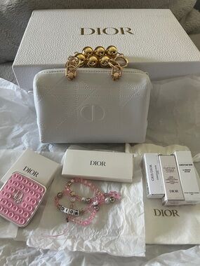 Dior White Quilted Mini Top-Handle Bag with Gold Beaded Handle